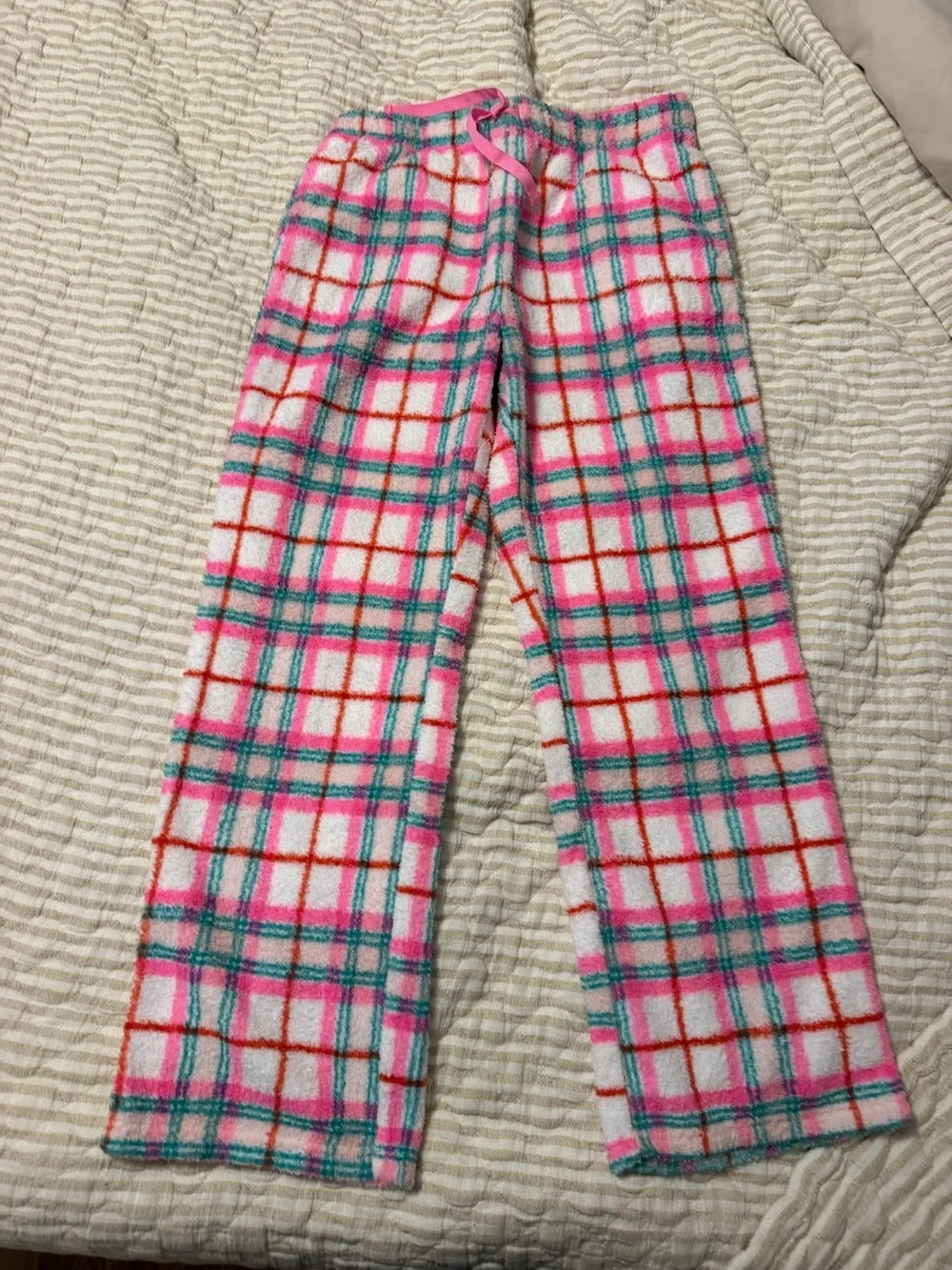 Girls' Pink Plaid Fleece Pajama Set with Bow Detail